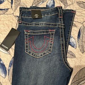 True Religion Women's Dark Blue Jeans with Pink Stitching